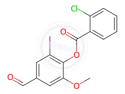 Chemical structure of 4-Formyl-2-iodo-6-methoxyphenyl 2-chlorobenzoate