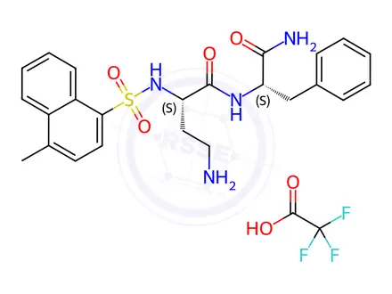 Chemical structure of (S)-4-Amino-N-((S)-1-amino-1-oxo-3-phenylpropan-2-yl)-2-((4-methylnaphthalene)-1-sulfonamido)butanamide 2,2,2-Trifluoroacetate