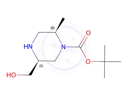 Chemical structure of 1-Piperazinecarboxylic acid, 5-(hydroxymethyl)-2-methyl-, 1,1-dimethylethyl ester, (2R,5S)-