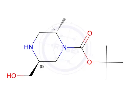 Chemical structure of 1-Piperazinecarboxylic acid, 5-(hydroxymethyl)-2-methyl-, 1,1-dimethylethyl ester, (2S,5S)-