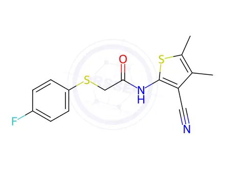 Chemical structure of N-(3-Cyano-4,5-dimethylthiophen-2-yl)-2-((4-fluorophenyl)thio)acetamide