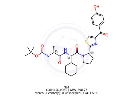 Chemical structure of tert-Butyl ((S)-1-(((S)-1-cyclohexyl-2-((S)-2-(4-(4-hydroxybenzoyl)thiazol-2-yl)pyrrolidin-1-yl)-2-oxoethyl)amino)-1-oxopropan-2-yl)(methyl)carbamate