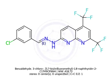 Chemical structure of Benzaldehyde, 3-chloro-, [5,7-bis(trifluoromethyl)-1,8-naphthyridin-2-yl]hydrazone (9CI)