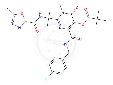 Chemical structure of 4-((4-fluorobenzyl)carbamoyl)-1-methyl-2-(2-(5-methyl-1,3,4-oxadiazole-2-carboxamido)propan-2-yl)-6-oxo-1,6-dihydropyrimidin-5-yl pivalate