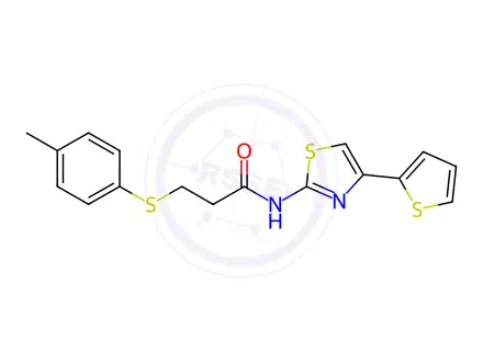 Chemical structure of N-(4-(Thiophen-2-yl)thiazol-2-yl)-3-(p-tolylthio)propanamide