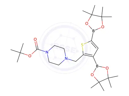 Chemical structure of tert-Butyl 4-((3,5-bis(4,4,5,5-tetramethyl-1,3,2-dioxaborolan-2-yl)thiophen-2-yl)methyl)piperazine-1-carboxylate
