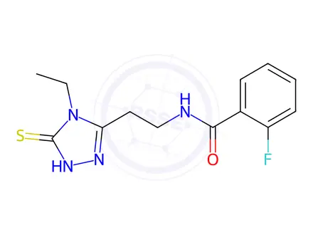 Chemical structure of N-[2-(4-Ethyl-5-mercapto-4H-[1,2,4]triazol-3-yl)-ethyl]-2-fluoro-benzamide