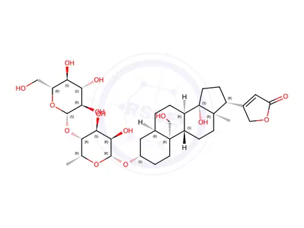 Chemical structure of 3β-[6-Deoxy-4-O-(β-D-glucopyranosyl)-β-D-glucopyranosyloxy]-14,19-dihydroxy-5β-card-20(22)-enolide