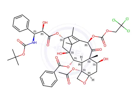 Chemical structure of (2aR,4S,4aS,6R,9R,10R,12R,12aR,12bS)-12b-Acetoxy-9-(((2R,3S)-3-((tert-butoxycarbonyl)amino)-2-hydroxy-3-phenylpropanoyl)oxy)-4,10-dihydroxy-4a,8,13,13-tetramethyl-5-oxo-6-(((2,2,2-trichloroethoxy)carbonyl)oxy)-2a,3,4,4a,5,6,9,10,11,12,12a,12b-dodecahydro-1H-7,11-methanocyclodeca[3,4]benzo[1,2-b]oxet-12-yl Benzoate