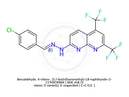 Chemical structure of Benzaldehyde, 4-chloro-, [5,7-bis(trifluoromethyl)-1,8-naphthyridin-2-yl]hydrazone (9CI)
