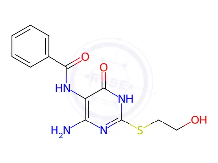 Chemical structure of N-(4-Amino-2-((2-hydroxyethyl)thio)-6-oxo-1,6-dihydropyrimidin-5-yl)benzamide