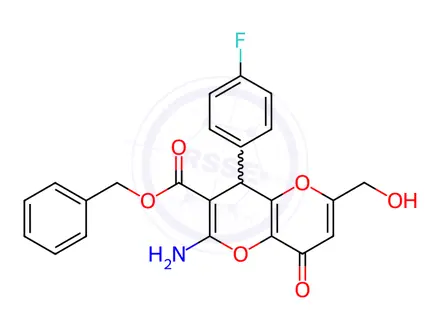 Chemical structure of Benzyl 2-amino-4-(4-fluorophenyl)-6-(hydroxymethyl)-8-oxo-4,8-dihydropyrano[3,2-b]pyran-3-carboxylate