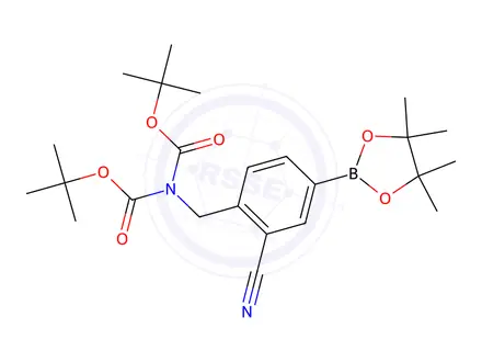 Chemical structure of tert-Butyl (tert-butoxycarbonyl)(2-cyano-4-(4,4,5,5-tetramethyl-1,3,2-dioxaborolan-2-yl)benzyl)carbamate