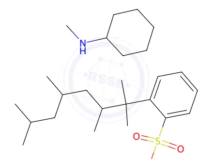 Chemical structure of (1,1,2,4,6-pentamethylheptyl)benzenesulphonic acid, compound with N-methylcyclohexylamine (1:1)