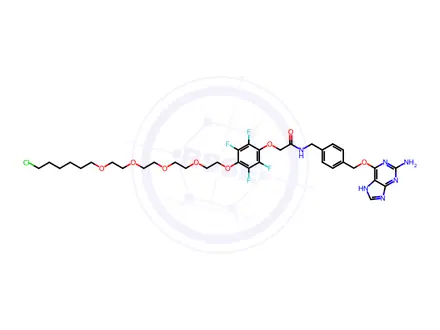 Chemical structure of Acetamide, N-[[4-[[(2-amino-9H-purin-6-yl)oxy]methyl]phenyl]methyl]-2-[4-[(18-chloro-3,6,9,12-tetraoxaoctadec-1-yl)oxy]-2,3,5,6-tetrafluorophenoxy]-
