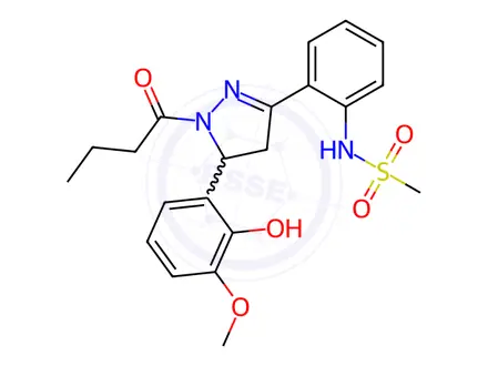 Chemical structure of N-(2-(1-Butyryl-5-(2-hydroxy-3-methoxyphenyl)-4,5-dihydro-1H-pyrazol-3-yl)phenyl)methanesulfonamide