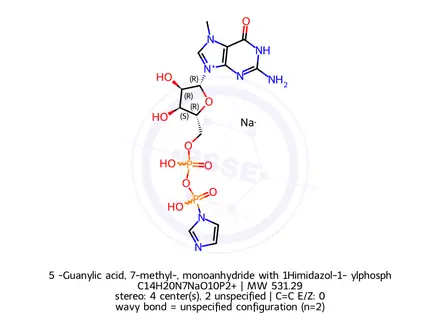 Chemical structure of 5′-Guanylic acid, 7-methyl-, monoanhydride with 1Himidazol-1- ylphosphonic acid, disodium salt