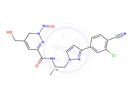 Chemical structure of (S)-N-(1-(3-(3-chloro-4-cyanophenyl)-1H-pyrazol-1-yl)propan-2-yl)-5-(hydroxymethyl)-1-nitroso-1,6-dihydropyridazine-3-carboxamide