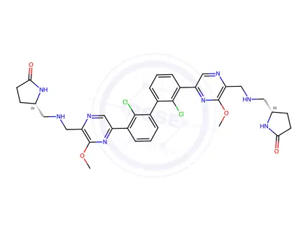 Chemical structure of (5S,5'S)-5,5'-((((5,5'-(2,2'-dichloro-[1,1'-biphenyl]-3,3'-diyl)bis(3-methoxypyrazine-5,2-diyl))bis(methylene))bis(azanediyl))bis(methylene))bis(pyrrolidin-2-one)
