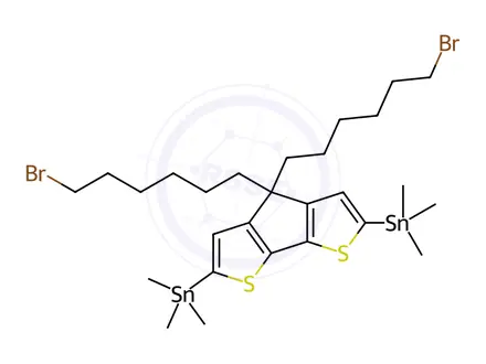 Chemical structure of Stannane, 1,1'-[4,4-bis(6-bromohexyl)-4H-cyclopenta[2,1-b:3,4-b']dithiophene-2,6-diyl]bis[1,1,1-trimethyl-