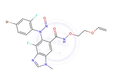 Chemical structure of 5-((4-bromo-2-fluorophenyl)(nitroso)amino)-4-fluoro-1-methyl-N-(2-(vinyloxy)ethoxy)-1H-benzo[d]imidazole-6-carboxamide