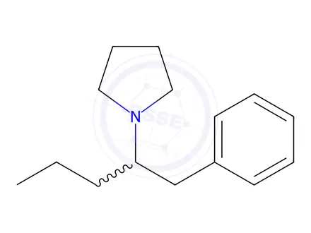 Chemical structure of 5-oxo-L-proline, compound with 1-(1-benzylbutyl)pyrrolidine (1:1)