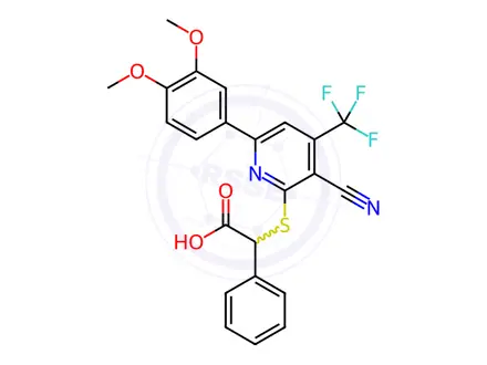 Chemical structure of 2-{[3-cyano-6-(3,4-dimethoxyphenyl)-4-(trifluoromethyl)-2-pyridinyl]sulfanyl}-2-phenylacetic acid