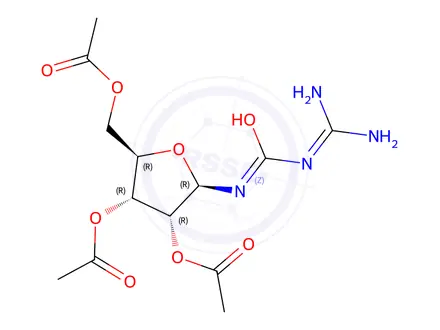 Chemical structure of (2R,3R,4R,5R)-2-(Acetoxymethyl)-5-(3-(diaminomethylene)ureido)tetrahydrofuran-3,4-diyl Diacetate
