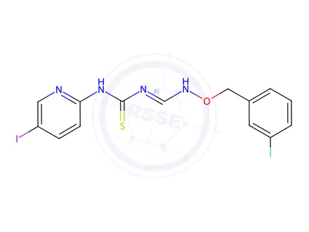Chemical structure of 1-[(1E)-{[(3-fluorophenyl)methoxy]amino}methylidene]-3-(5-iodopyridin-2-yl)thiourea