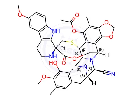 Chemical structure of Spiro[6,16-(epithiopropanoxymethano)-7,13-imino-12H-1,3-dioxolo[7,8]isoquino[3,2-b][3]benzazocine-20,1'-[1H]pyrido[3,4-b]indole]-14-carbonitrile, 5-(acetyloxy)-2',3',4',6,6a,7,9',13,14,16-decahydro-8-hydroxy-6',9-dimethoxy-4,10,23-trimethyl-19-oxo-, (1'R,6R,6aR,7R,13S,14R,16R)-(9CI)