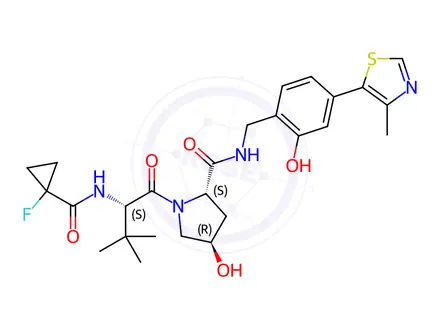 Chemical structure of (2S,4R)-1-((S)-2-(1-Fluorocyclopropane-1-carboxamido)-3,3-dimethylbutanoyl)-4-hydroxy-N-(2-hydroxy-4-(4-methylthiazol-5-yl)benzyl)pyrrolidine-2-carboxamide