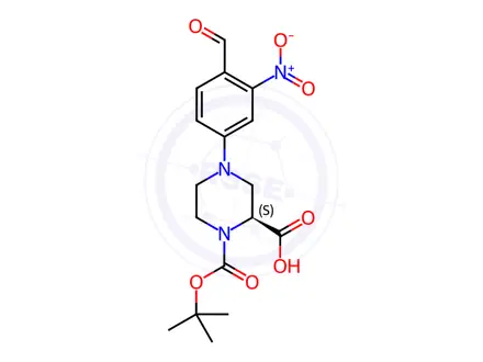 Chemical structure of (S)-1-(tert-Butoxycarbonyl)-4-(4-formyl-3-nitrophenyl)piperazine-2-carboxylic acid