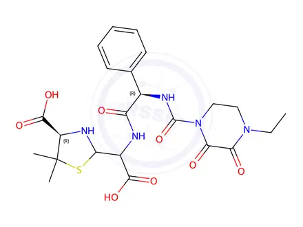 Chemical structure of (4R)-2-(carboxy((R)-2-(4-ethyl-2,3-dioxopiperazine-1-carboxamido)-2-phenylacetamido)methyl)-5,5-dimethylthiazolidine-4-carboxylic acid