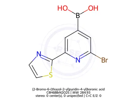 Chemical structure of (2-Bromo-6-(thiazol-2-yl)pyridin-4-yl)boronic acid