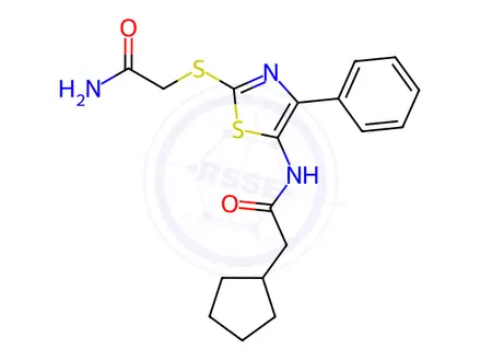 Chemical structure of N-(2-((2-Amino-2-oxoethyl)thio)-4-phenylthiazol-5-yl)-2-cyclopentylacetamide