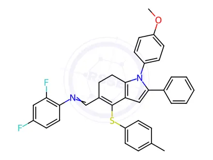 Chemical structure of N-(2,4-difluorophenyl)-1-(1-(4-methoxyphenyl)-2-phenyl-4-(p-tolylthio)-6,7-dihydro-1H-indol-5-yl)methanimine