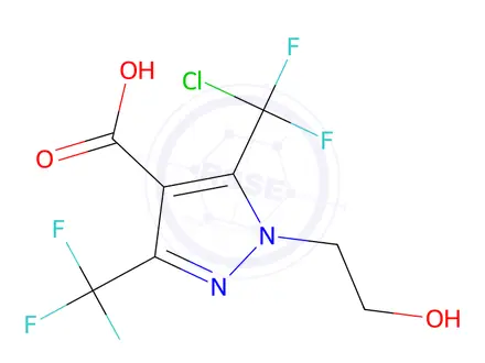 Chemical structure of 5-(chlorodifluoromethyl)-1-(2-hydroxyethyl)-3-(trifluoromethyl)-1H-pyrazole-4-carboxylic acid