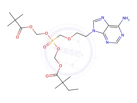 Chemical structure of ((((2-(6-amino-9H-purin-9-yl)ethoxy)methyl)((pivaloyloxy)methoxy)phosphoryl)oxy)methyl 2,2-dimethylbutanoate
