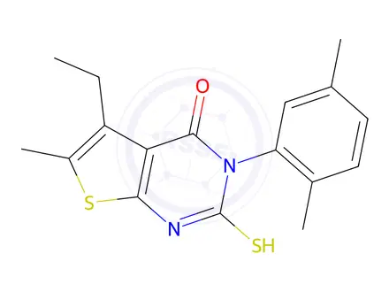 Chemical structure of 3-(2,5-Dimethylphenyl)-5-ethyl-6-methyl-2-sulfanyl-3h,4h-thieno[2,3-d]pyrimidin-4-one