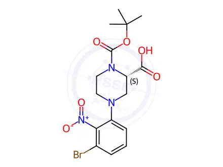 Chemical structure of (S)-4-(3-Bromo-2-nitrophenyl)-1-(tert-butoxy-carbonyl)piperazine-2-carboxylic acid