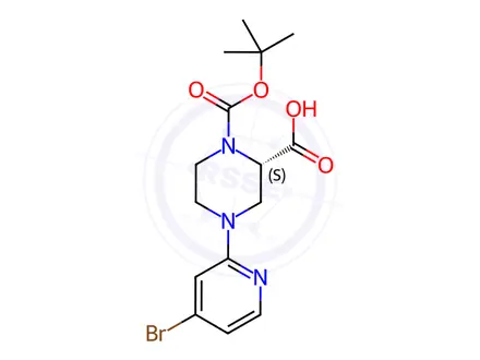 Chemical structure of (S)-4-(4-Bromopyridin-2-yl)-1-(tert-butoxycarbonyl)-piperazine-2-carboxylic acid