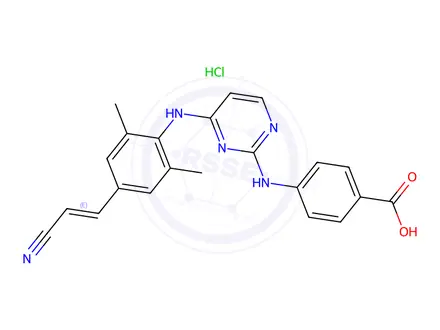 Chemical structure of (E)-4-((4-((4-(2-cyanovinyl)-2,6-dimethylphenyl)amino)pyrimidin-2-yl)amino)benzoic acid hydrochloride