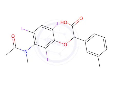 Chemical structure of 2-[3-(N-Methylacetylamino)-2,4,6-triiodophenoxy]-2-(m-tolyl)acetic acid