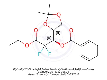 Chemical structure of (R)-1-((R)-2,2-Dimethyl-1,3-dioxolan-4-yl)-3-ethoxy-2,2-difluoro-3-oxopropyl Benzoate