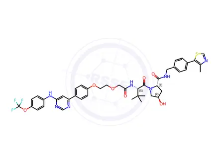 Chemical structure of (2S,4R)-1-((S)-3,3-Dimethyl-2-(2-(2-(4-(6-((4-(trifluoromethoxy)phenyl)amino)pyrimidin-4-yl)phenoxy)ethoxy)acetamido)butanoyl)-4-hydroxy-N-(4-(4-methylthiazol-5-yl)benzyl)pyrrolidine-2-carboxamide