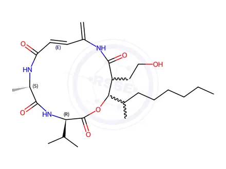 Chemical structure of 1-Oxa-4,7,12-triazacyclopentadec-9-ene-2,5,8,13-tetrone, 14-(2-hydroxyethyl)-6-methyl-11-methylene-3-(1-methylethyl)-15-[(1S)-1-methylheptyl]-, (3R,6S,9E,14R,15R)-