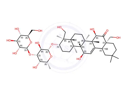 Chemical structure of Olean-12-en-16-one, 3-[(6-deoxy-3-O-β-D-glucopyranosyl-β-D-galactopyranosyl)oxy]-11,15,23,28-tetrahydroxy-, (3β,4α,15α)-