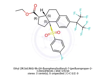 Chemical structure of Ethyl (3R,3aS,9bS)-9b-((4-fluorophenyl)sulfonyl)-7-(perfluoropropan-2-yl)-2,3,3a,4,5,9b-hexahydro-1H-cyclopenta[a]naphthalene-3-carboxylate