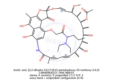 Chemical structure of Acetic acid, ((1,2-dihydro-5,6,17,19,21-pentahydroxy-23-methoxy-2,4,12,16,18,20,22-heptamethyl-1,11-dioxo-2,7-(epoxypentadeca(1,11,13)trieni mino)naphtho(2,1-b)furan-9-yl)oxy)-, 21-acetate, 2,2-diethyl-1-propylh ydrazide