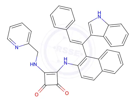 Chemical structure of (Z)-3-((1-(1-(1H-Indol-3-yl)-2-phenylvinyl)naphthalen-2-yl)amino)-4-((pyridin-2-ylmethyl)amino)cyclobut-3-ene-1,2-dione